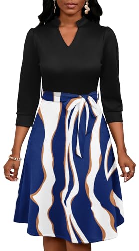 Image of PerZeal Women's Casual Flowy A-Line Midi Dress Flared V-Neck Colorblock Print for Wedding Guest 3 /4 Sleeve Dress with Belt