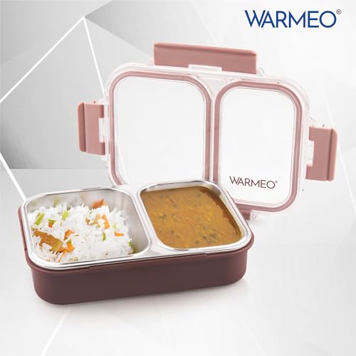 Image of WARMEO BENTO Microwave-Safe Stainless Steel Lunchbox with 2 compartments,bpa Free,Perfect for Office, School, Travelling,750ml-brown