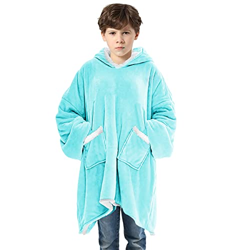 FOOING Oversized Blanket Hoodie Gifts for Kids, Wearable Hooded Blanket Sweatshirt Girls Boys, Warm Soft Sherpa Fleece Sweater Blanket Jacket with Sleeves Giant Pockets, Aqua