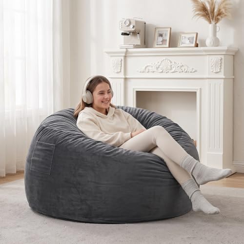 Image of Kromax Bean Bag Chair with Filling Included, Large 4FT Comfy Bean Bag Chairs for Adults, Teens, Memory Foam, Machine Washable Thick Dutch Velvet Cover, for Living Room, Den, or Bedroom, Dark Grey