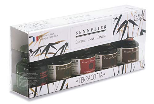 Encre de chine couleurs terre coffret 5 flacons 30ml pour dessin artistique et lavis traditionnel