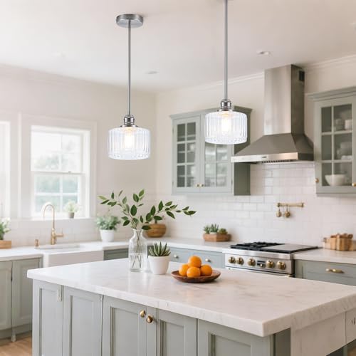 Image of MAYNA 2 Pack Modern Pendant Light with Clear Striped Glass Lmapshade