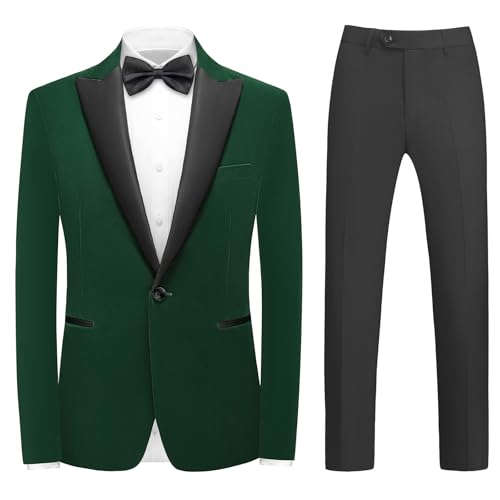 Mens Velvet Suit 2 Pieces Slim Fit Tuxedo Peak Lapel Blazer One Button Formal Jacket Pants for Wedding Prom Dinner Green X-Large