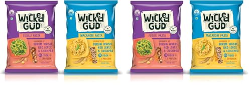 Image of WickedGud 2X Fiber Fusilli & Macaroni Pasta Combo | No Maida | Durum Wheat Semolina | Brown Rice | Red Lentils | Healthy Diet Pasta - 400gm x 2 (Pack of 2)