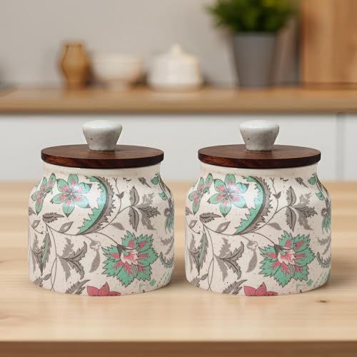 Image of Vistas 'Vintage Pastel' Airtight 380ml Set of 3 Ceramic Jar for Kitchen Storage | Handcrafted Ceramic Barni with Wooden Lid | Multipurpose Pickle, Spice & Salt Container