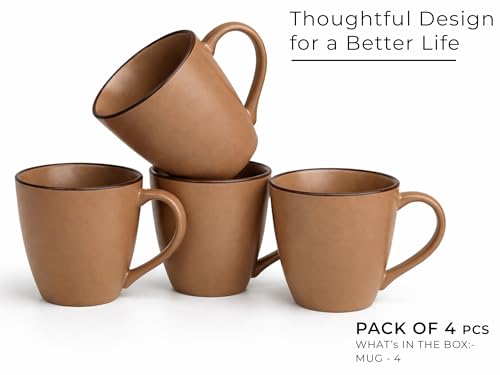 Image of Bodhi House Handcrafted Ceramic Coffee Mug Set of 4 Pieces (350 Ml) Stoneware Tea Cup Microwave Safe Large Milk Mug, Glossy Finish, Ideal for Daily use, Casual Gatherings and Gifting, Terracotta Brown