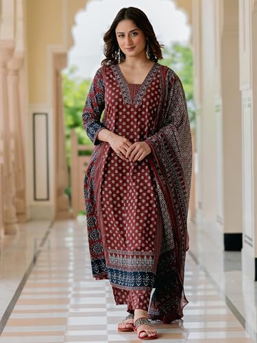 Image of Arayna Women's 100% Pure Cotton Printed Ethnic Suit | A-Line Kurta Set with Pant & Dupatta