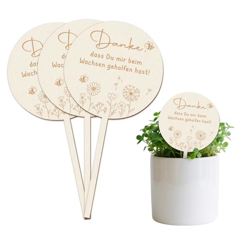 BOFUNX 4 Stücke Holz Blumenstecker Danke Dass Du Mir Beim Wachsen Geholfen Hast, Holzstecker Blumentopf Holzschild für Kita Kindergarten Abschiedsgeschenk Erzieherin Erzieher Danke Geschenk