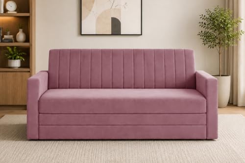 Image of 3-Seater Velvet Sofa Cum Bed with Armrests | Modern Convertible Sleeper Couch | Stylish Sofa Bed for Living Room, Bedroom & Office | Rose Pink