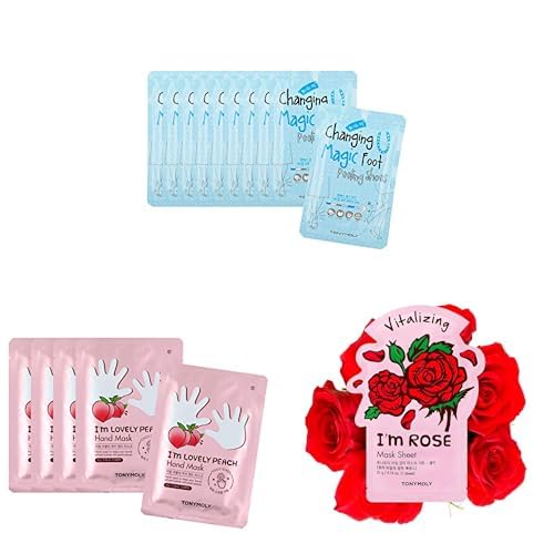 TONYMOLY Head-to-Toe Renewal Set - Changing U Magic Foot Peeling Shoes, Gentle Exfoliating, 10 pk + I'm Lovely Peach Moisturizing Hand Mask, 5 pk + I'm Real Rose Sheet Mask, Hydrating Skincare