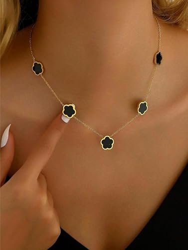 Black Flower Pendant Necklace for Women Stainless Steel Geometric Blossom ...