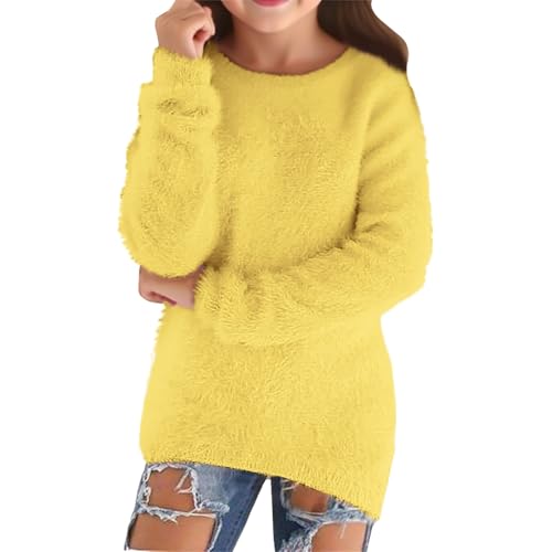 Kids Girls Furry Fleece Pullover Sweater Solid Color Long Sleeve Crew Neck Casual Blouse Fall Soft Girl Purge Outfit