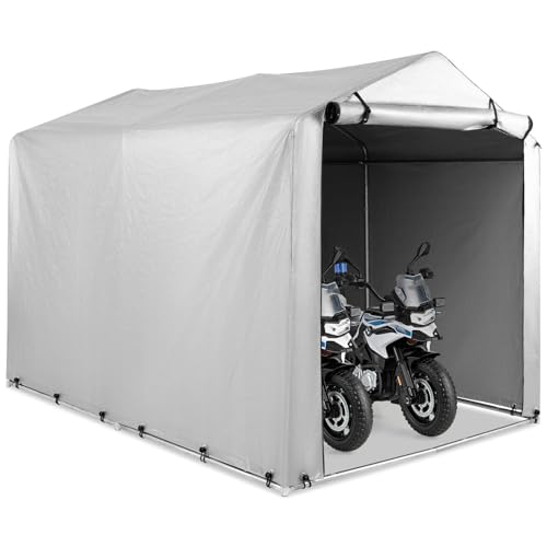 GiantexUK 7x5.2FT Garden Storage Shed, Waterproof Bike Motorcycle Tent with Roll-up Zipper Door & Ground Stakes, Heavy Duty Galvanised Steel Frame Utility Outdoor Bicycle Cover Shelter (Silver Grey)
