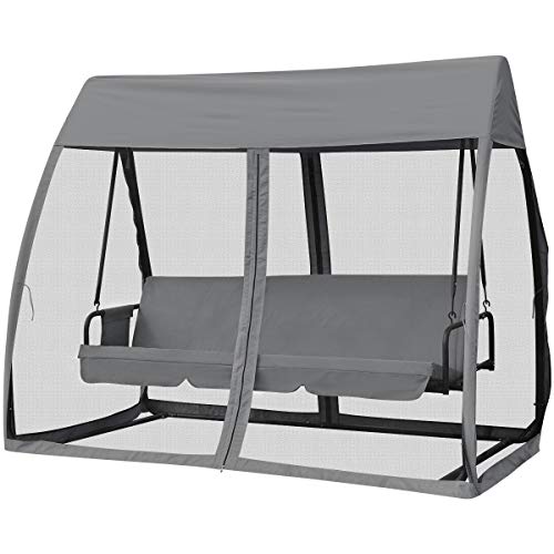 Multigot 3 Seat Garden Hammock Swing Chair, 2 in 1 Outdoor Rocking Bench with Cover Tent Water Resistant Roof & Zipped Door and Mosquito Net (Grey)