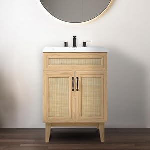 Jonathan y van1009a javer 24 in w x 18 in d x 33 in h rattan modern farmhouse 2 shelf bath vanity cabinet only sink basin not included oak  urban country home decor