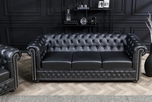 riess-ambiente.de Chesterfield 3-Sitzer Sofa 205cm schwarz Kunstleder Nietenbesatz Federkern