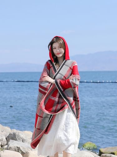 Women’s Oversized Plaid Hooded Sweater Poncho Cape Shawl Wraps Open Front Blanket Shawls and Wraps3