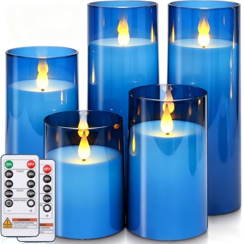 Image of Homemory Blue Flickering Flameless Candles, Battery Operated Acrylic LED Pillar Candles with Remote Control and Timer, Blue Decor, Set of 5