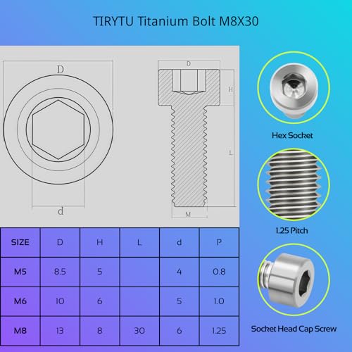Image of M8x30mm Titanium Bolts, Natural Color, 6PC | Lightweight Hex Socket Screws, MTB /Road Bike /Motorcycle, Corrosion Resistant, Marine Grade Fasteners