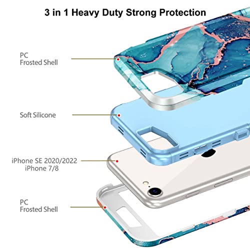 Hekodonk For Iphone Se 2022 Case,Iphone Se 2020 Case,Iphone 8 7 Case,Heavy Duty Full Body Shockproof Protection 3 In 1 Slim Marble Phone Case Cover For Iphone Se 2022 3Rd 4.7 Inch Pink Blue Marble #TOP2