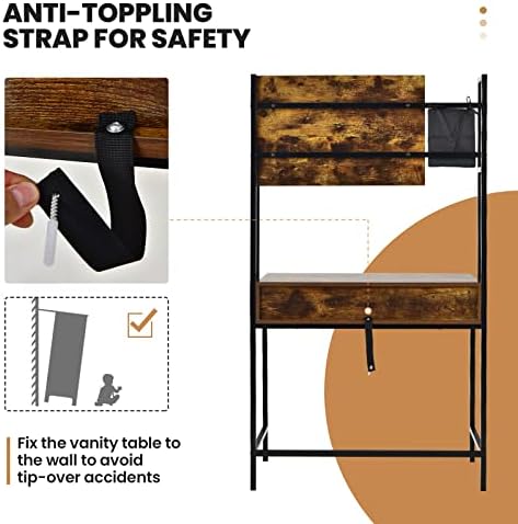 COSTWAY Industrial Dressing Table, Makeup Vanity Table with 3-Position Adjustable Mirror, Drawer and Cosmetic Brush Bag, Metal Frame Wooden Bedroom Furniture Dresser Desk Gift for Girls Women