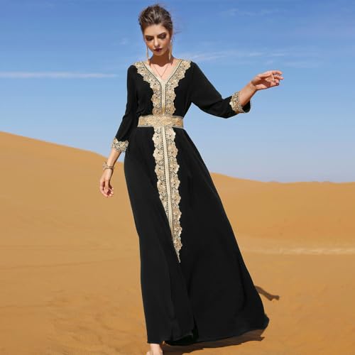 Image of IDOPIP Embroidery Abayas for Women Muslim Moroccan Floral Maxi Kaftan Dress Arabic Islamic Dubai Robe Ramadan Prayer Clothes