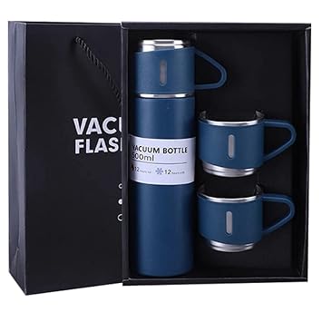 NEW PINCH Stainless Steel Thermo 500ml Vacum Insulated Best Birthday Return Gift Bottle Water Flask Gift Set with 3 Cups Hot & Cold (Blue)