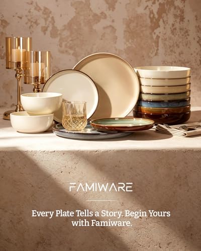 Image of Famiware Milkyway Stoneware Dinnerware Set, 18-Piece, Double Reactive Glaze, Plates and Bowls, Service for 6, Microwave and Dishwasher Safe, Scratch-Resistant, Milk Tea