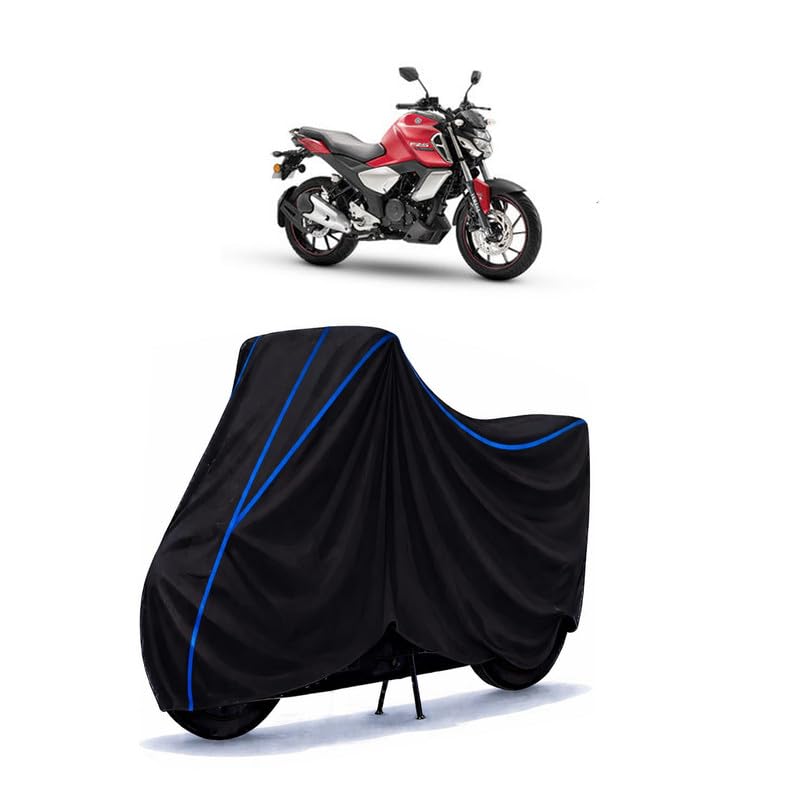 Image of FZS-FI V3 Deluxe Bike Cover Water Resistant Universal Motorcycle Rain | Heavy Duty UV Protection, Dust, Scratch Indoor Outdoor All Weather with Black Blue Piping Elastic