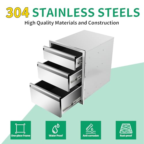 Image of Outdoor Kitchen Drawers 18 inch W x 21 inch H x 23 inch D Stainless Steel Triple Drawers with Hidden Handle for BBQ Island, Patio Grill Station & Outdoor Kitchen Cabinets