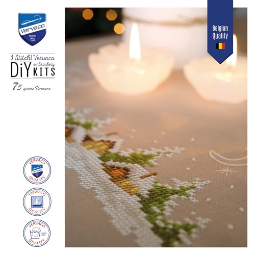 Image of Vervaco Embroidery Christmas Embroidery Kits Cross Stitch Table Runner DIY Set, Tablecloth to Embroider with Image on Cotton and Embroidery Thread, 16 x 40 Inches, Snow Village