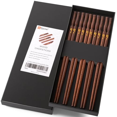 Image of MFJUNS 5 Pairs Solid Wood Chopsticks Set, Vase-Shaped Top with Flower Print, Non-Slip No Paint No Wax, Reusable Wood Chop Sticks for Kitchen Dining Sushi Ramen Gifting