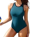 Charmo Women's One Piece Swimsuit Racerback Vest High Waist Bathing Suits Zipper Back Swimwear Green