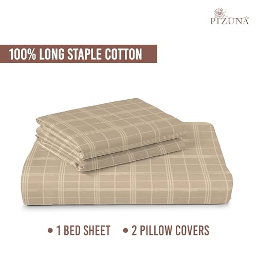 Image of Pizuna 100% Cotton Bedsheet Super King Size with 2 Pillow Covers, 300 Thread Count Long Staple Cotton, Checks Pattern Flat Bed Sheet 108X108 Inch for Superking Bed, Taupe