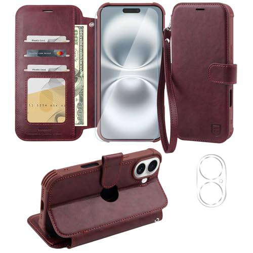 VANAVAGY Compatible for iPhone 16 Plus Wallet Case, PU Leather Flip Cover with RFID Blocking Card Holder Wrist Strap Kickstand for Wireless Charging,[Screen Protector & Camera Cover],Burgundy by VANAVAGY - Used condition - US$8.79