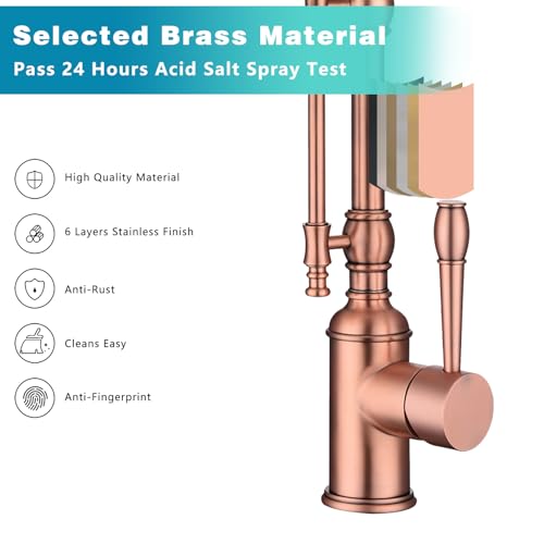 Image of Copper Kitchen Faucet, Single Handle, 360 Swivel High Arc Kitchen Sink Faucet, Red Copper Kitchen Faucet Pull Down Solid Brass Handle