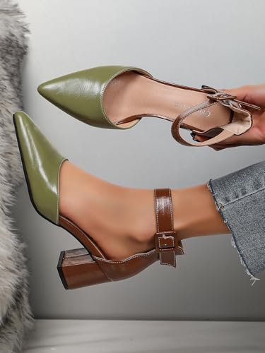 Womens Leather Dressy Ankle Strap Block Heels Pointed Closed Toe D'Orsay Pumps Shoes for Women Evening Party Office Comfortable Low Chunky Heels Two Tone3