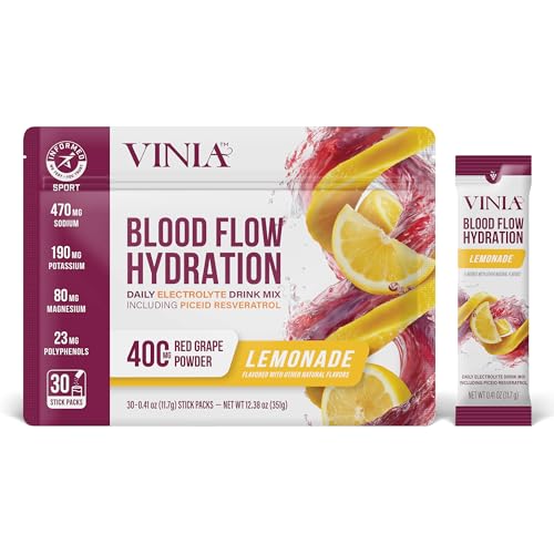 VINIA Resveratrol Electrolyte Hydration Powder Mix, Lemonade | Boost Blood Flow & Circulation | Sea Salt, Coconut Water Potassium, Magnesium, Informed Sport Certified, 30 Sticks