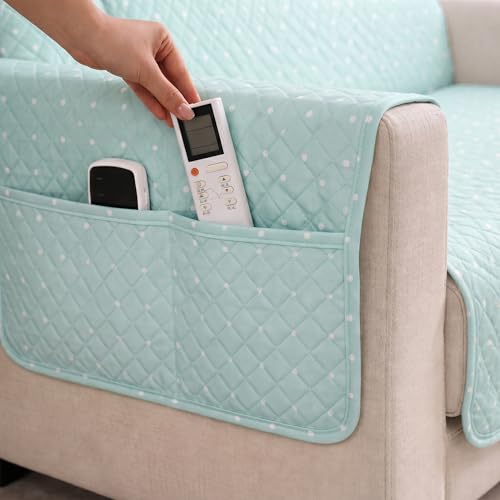 Image of STITCHNEST 'CloudFeel Series' Quilted Printed Velvet Sofa Cover for 3 Seater | Premium Soft Velvet Sofa Protector | Mint Green Polka Dot Design with Armrest Pockets | Furniture Cover