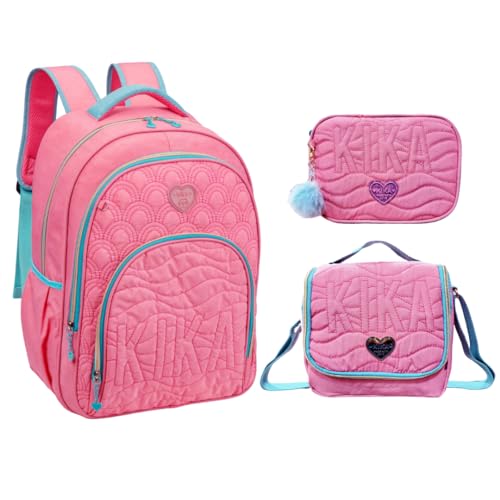 Kit Completo Mochila de Costas Lancheira Térmica e Estojo Escolar Feminino Kika Matelassê (Rosa)