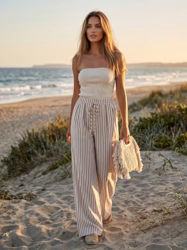 Image of Acelitt Women Drawstring Elastic Waist Wide Leg Pants with Pockets, S-XXL | Elastic waist,loose fit,side pockets,casual,2026 summer trendy,beach vacation outfits