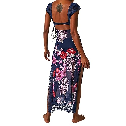 Image of Women Sexy Lace Patchwork Mesh Dress Floral Print Cutout Sweetheart Neck Backless Slit Summer Maxi Dress