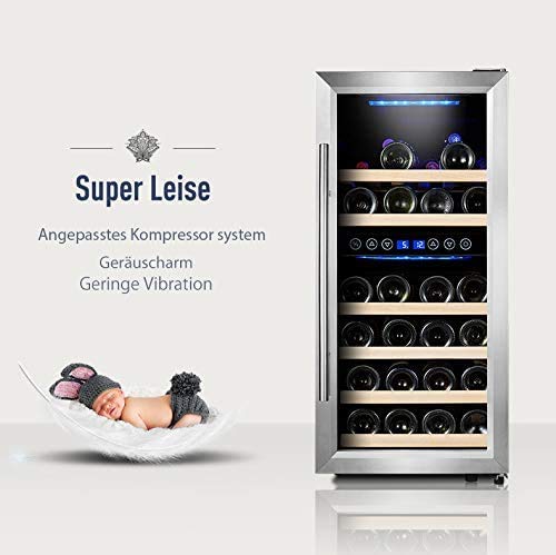 Kalamera Weinkühlschrank 2 Zonen, Edelstahl Glastür, 33 Flaschen(bis zu 310 mm Höhe), 100 Liter, Zwei Temperaturzonen 5-10°C/10-18°C, Freistehend, KRC-33BSS – Bild 6