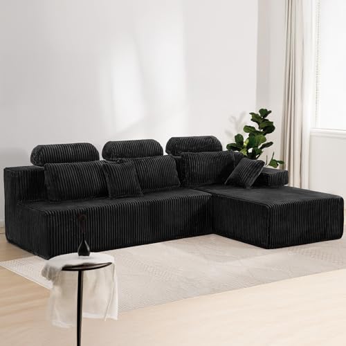 HOMRELEXA 106’’ Sectional Couch with High Backrest, L-Shape Modular Sectional Sofa Convertible Left or Right Chaise, Cloud Corduroy, Boneless Couches Comfortable for Living Room(Black)