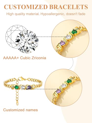 Custom4U Personalized Birthstone Bracelets for Women Silver/Gold Custom Cuban Link Chain Name Bracelet with 1-5 Birthstones Birthday Mother's Day Christmas Jewelry Gifts for Her Mom Wife Grandma4
