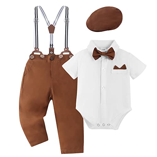 Image of YALLET Baby Boy Clothes Suit Newborn Infant Gentleman Outfits, Formal Dress Shirt+ Bowtie+ Suspender Pants Wedding Party Set