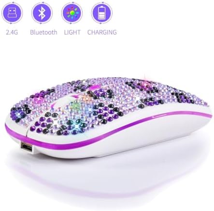 TukeSM Rechargeable Silent Purple Diamond-Set Bluetooth Dual-Mode Mouse RGB Crystal Diamond Rhinestone Wireless Tablet (Purple Dual Mode Mouse) - 1