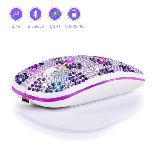 TukeSM Rechargeable Silent Purple Diamond-Set Bluetooth Dual-Mode Mouse RGB Crystal Diamond Rhinestone Wireless Tablet (Purple Dual Mode Mouse)