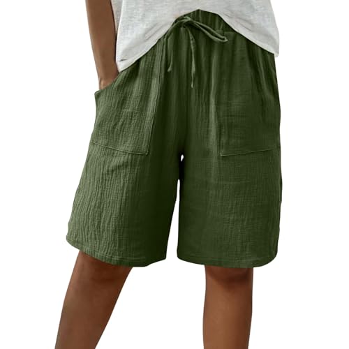 Women Beach Fashion Shorts Drawstring High Waisted Bermuda Shorts Bubble Wrinkle Casual Knee Length Short Pants(#03 Green,Large)