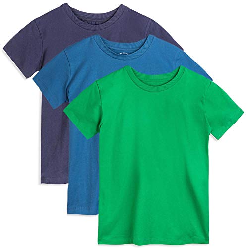 Mightly Boys and Girls' Classic Fit Crewneck T-Shirt | 100% Organic Cotton Soft, Multi-Pack Comfy Short-Sleeve Basic Tee Shirts, Fair Trade Certified Toddlers and Kids Clothes, Blue & Green, 6-7